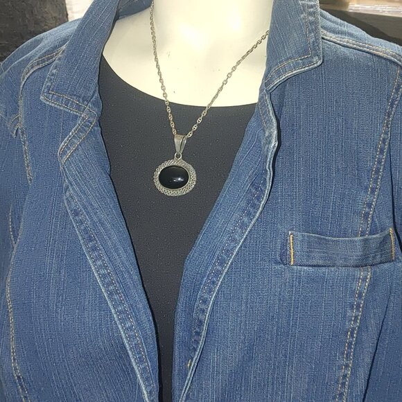 Vintage Taxco Sterling Silver 925 Pendant 18 Necklace Black Onyx Stone Filigree - Picture 4 of 10